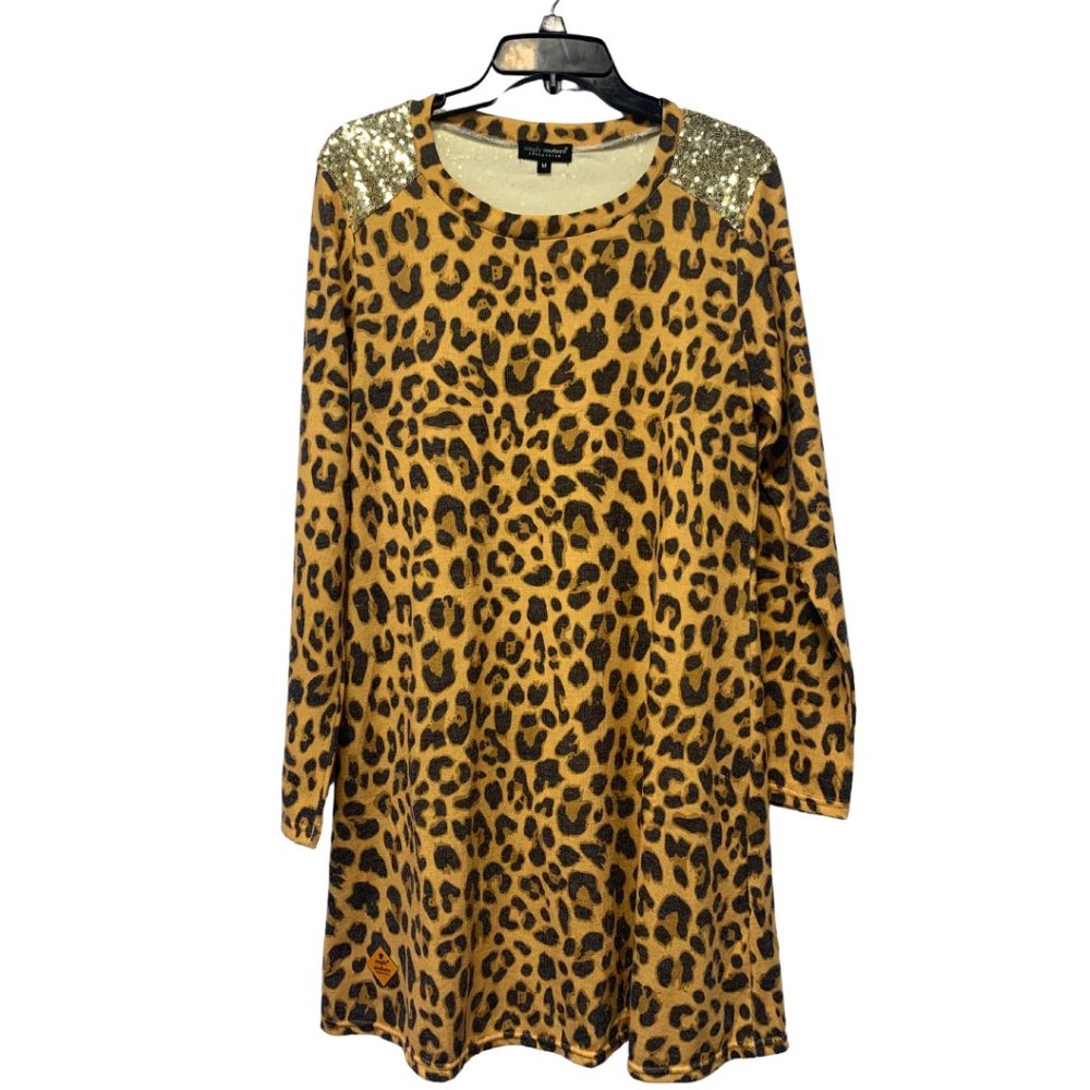 Simply Southern Mustard Yellow Leopard Print Sweater Dress Gold Sequin Shoulder